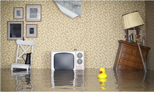 Flooded living room with a floating rubber duck, chair, dresser, and TV