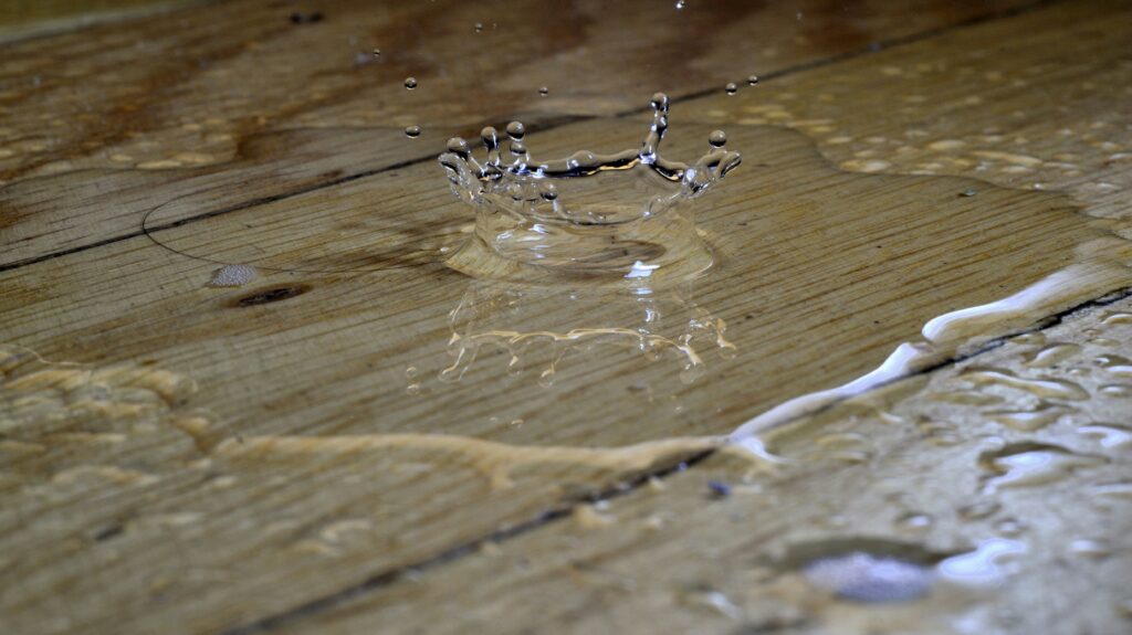 Water damage inside a home showing soaked wood flooring before water mitigation begins